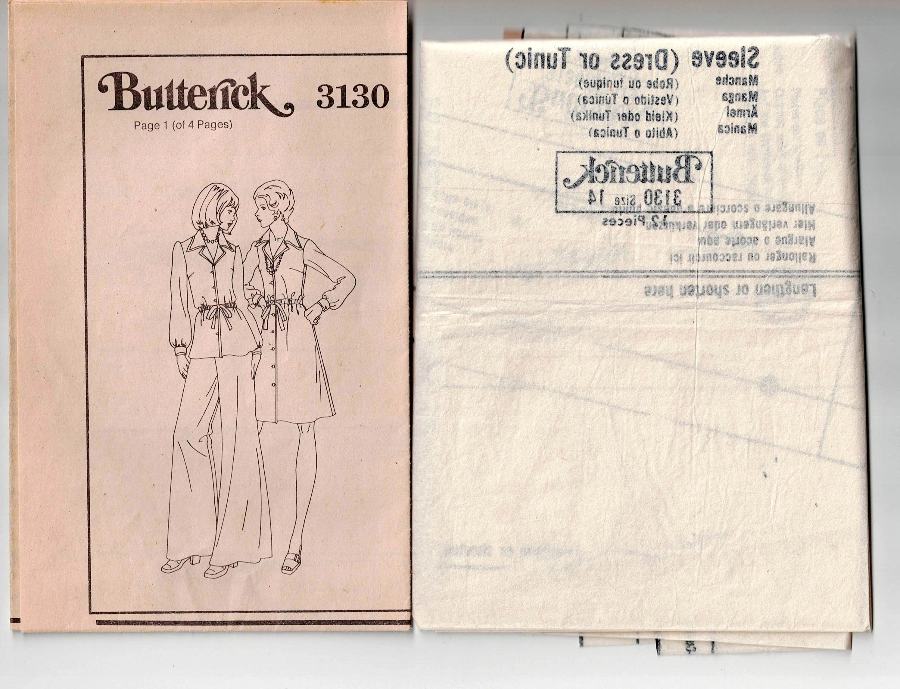 Butterick 3130 Womens Retro Wide Collar Dress Tunic & Wide Leg Pants 1970s Vintage Sewing Pattern Size 14 Bust 36 Inches