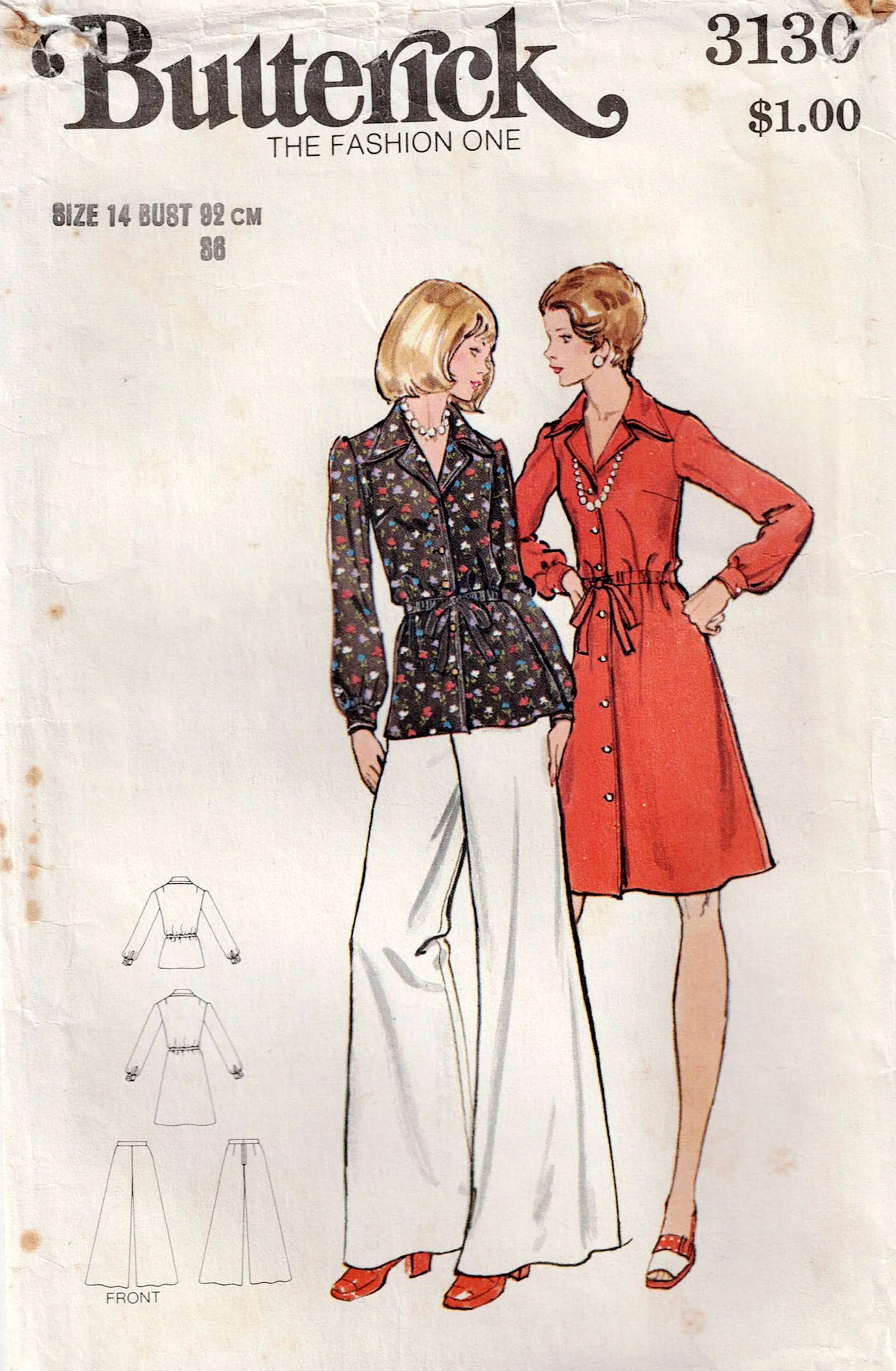 Butterick 3130 Womens Retro Wide Collar Dress Tunic & Wide Leg Pants 1970s Vintage Sewing Pattern Size 14 Bust 36 Inches