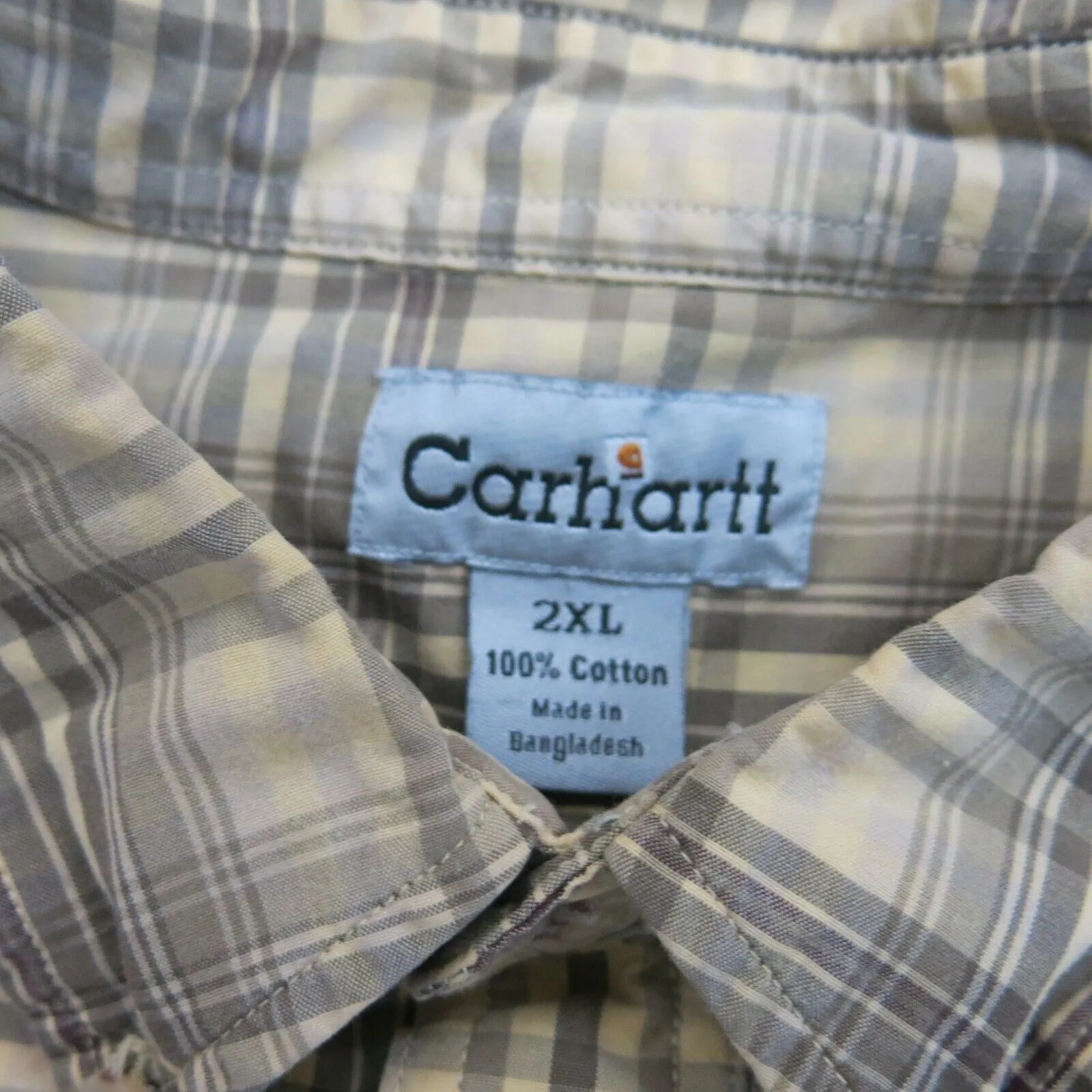 Carhartt Shirt Mens 2XL Brown Yellow 100% Cotton Short Sleeve Plaid Button Down