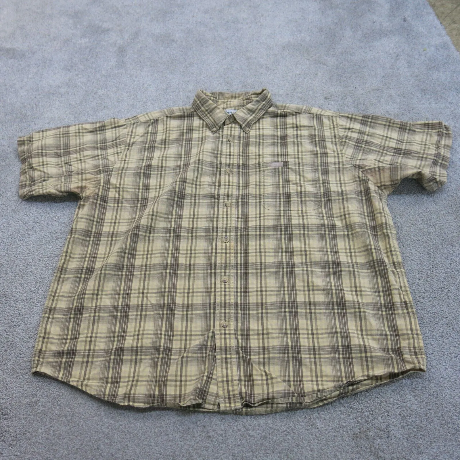 Carhartt Shirt Mens 2XL Brown Yellow 100% Cotton Short Sleeve Plaid Button Down