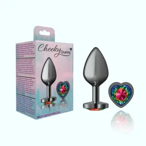 Cheeky Charms Gunmetal Metal Medium Butt Plug - Heart-Shaped Rainbow