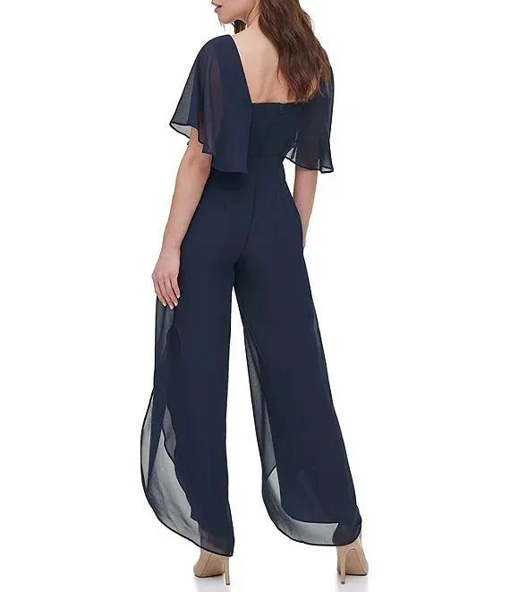 Chiffon V Neckline Ruffle Popover Sleeve Jumpsuit Navy - Kensie