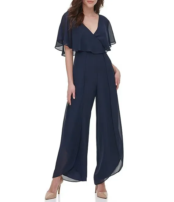 Chiffon V Neckline Ruffle Popover Sleeve Jumpsuit Navy - Kensie