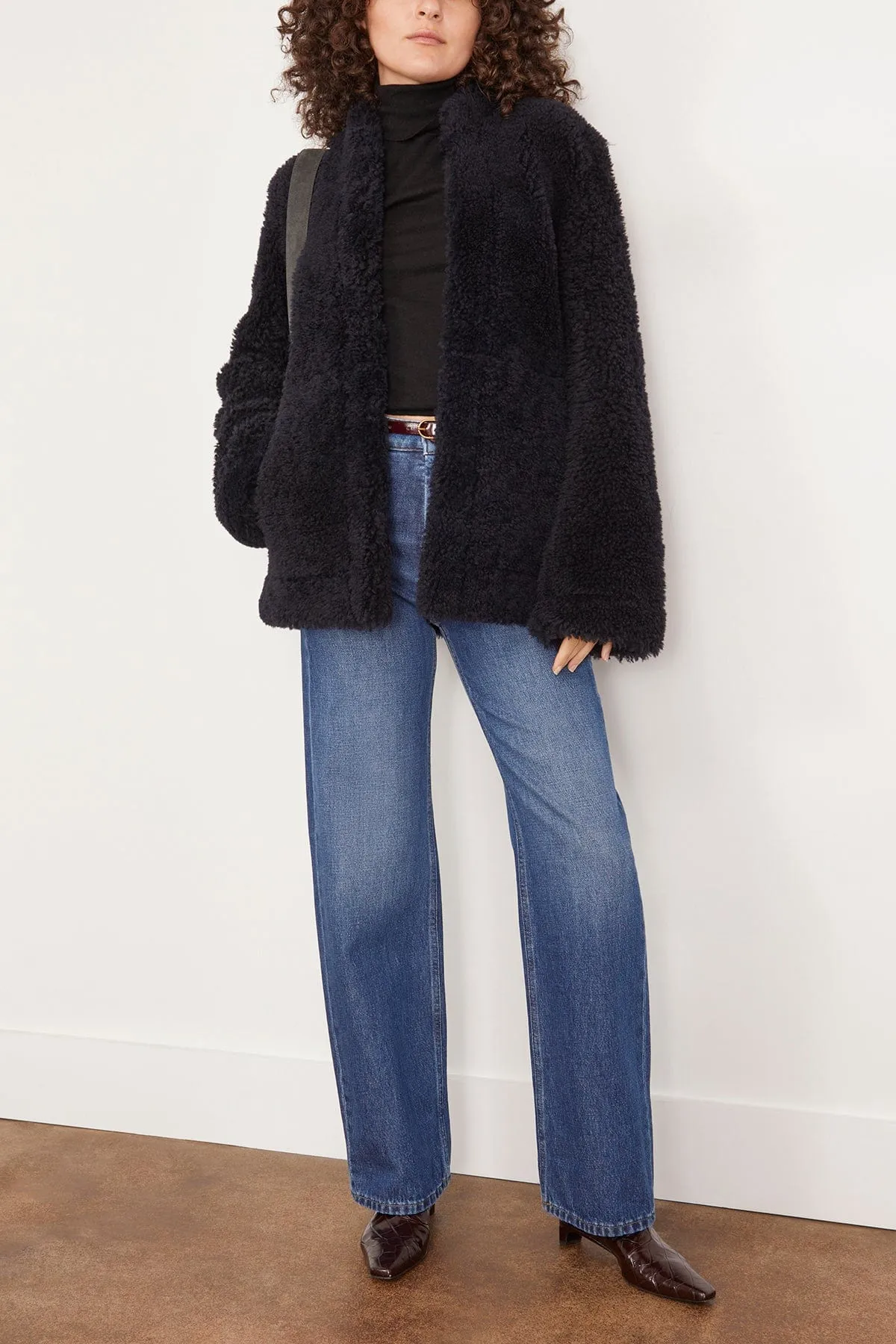 Cinched Shearling Jacket in Navy