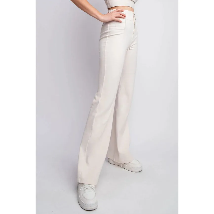 Cotton Stretch Twill Double Button Up Flared Pants Natural