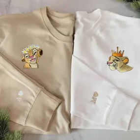 Cute Lion King Queen Couple Hoodies - Custom Embroidered Matching Hoodies For Couples