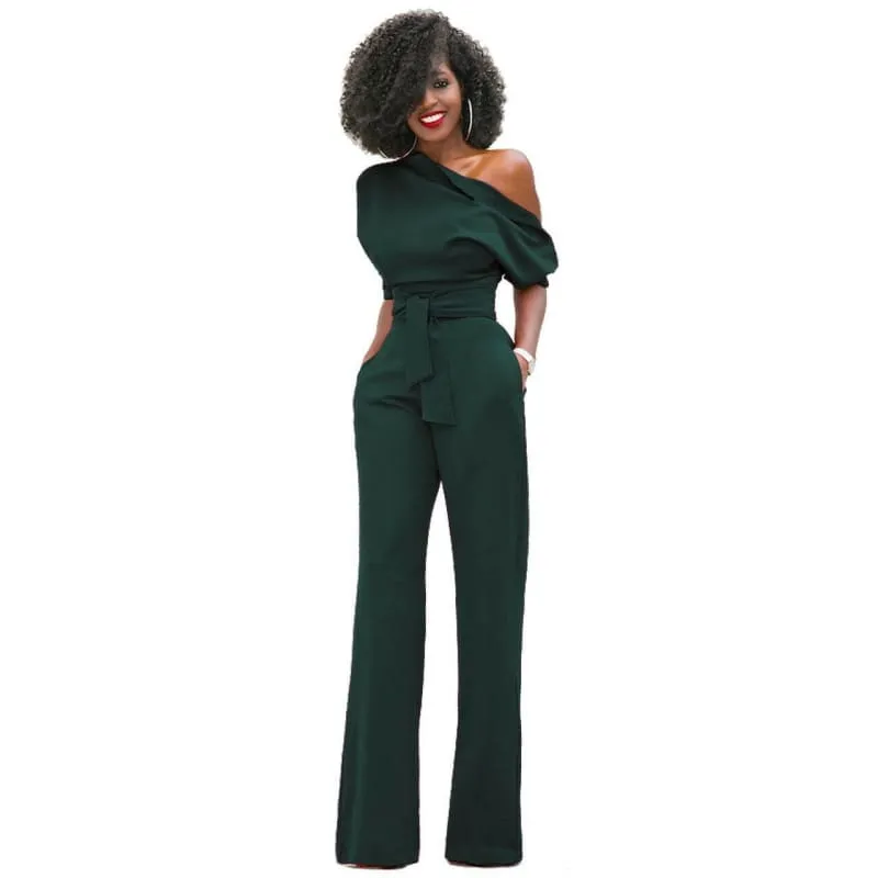 Dark Green Diagonal Collar Button Jumpsuit Wide Leg Pants