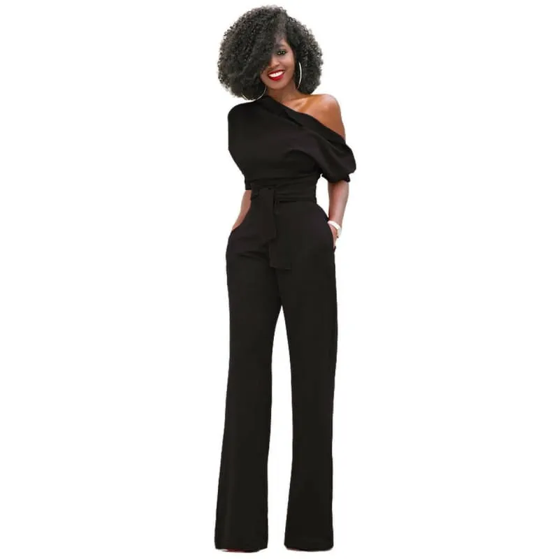 Dark Green Diagonal Collar Button Jumpsuit Wide Leg Pants