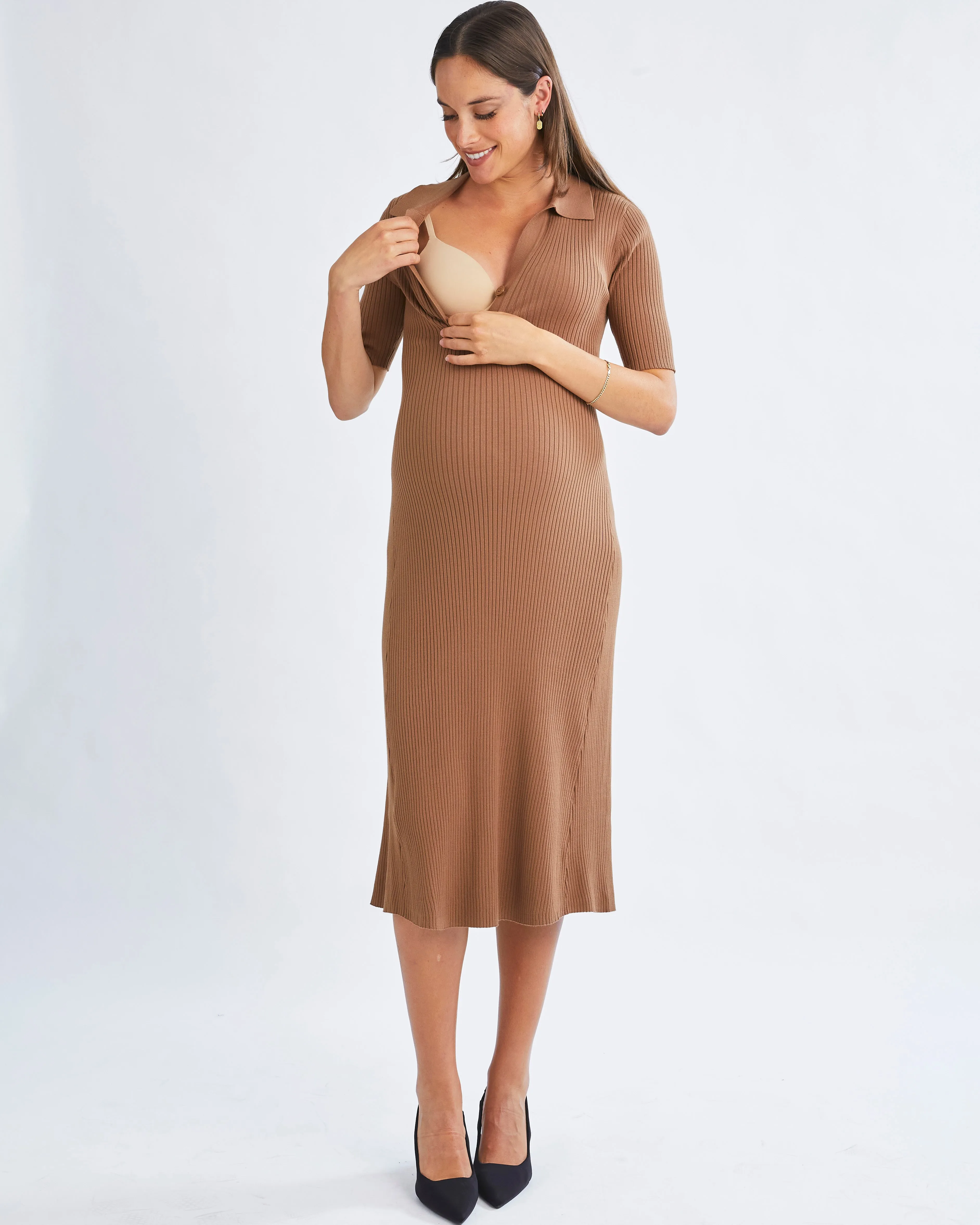 Elegance Knit Maternity Midi Dress in Camel