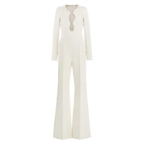 Elegant Crystal Embellished Cutout High Waist Long Sleeve Flared Jumpsuit