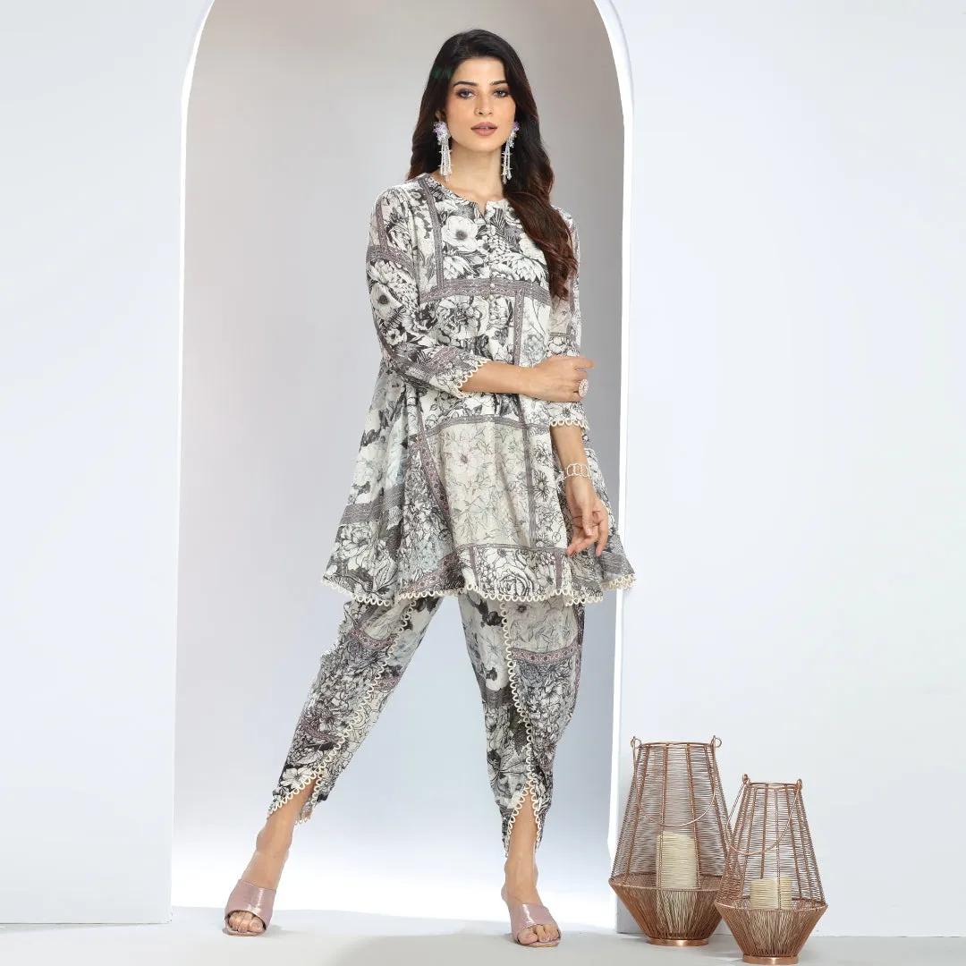 Embroidered Sequin A-Line Top and Lace-Detailed Dhoti Pants Set