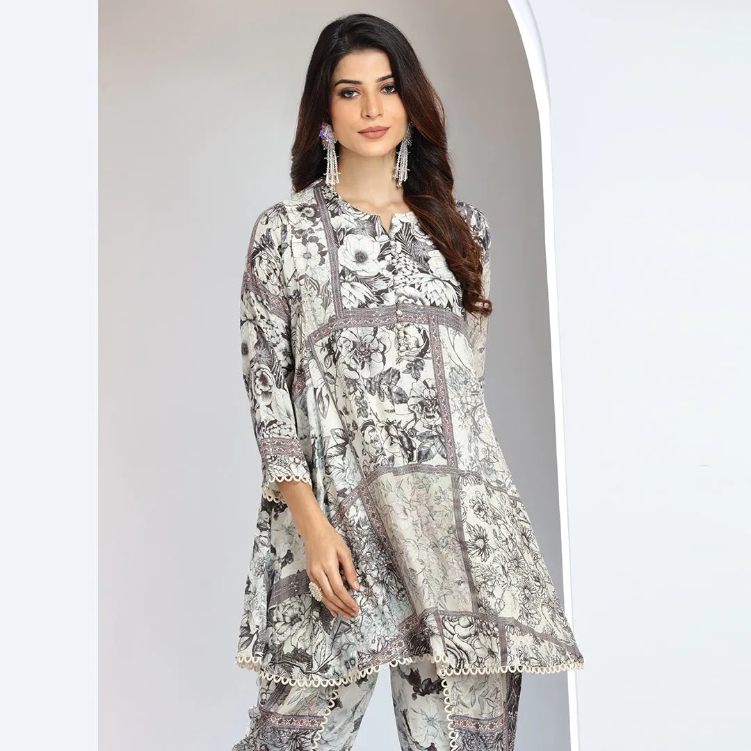 Embroidered Sequin A-Line Top and Lace-Detailed Dhoti Pants Set