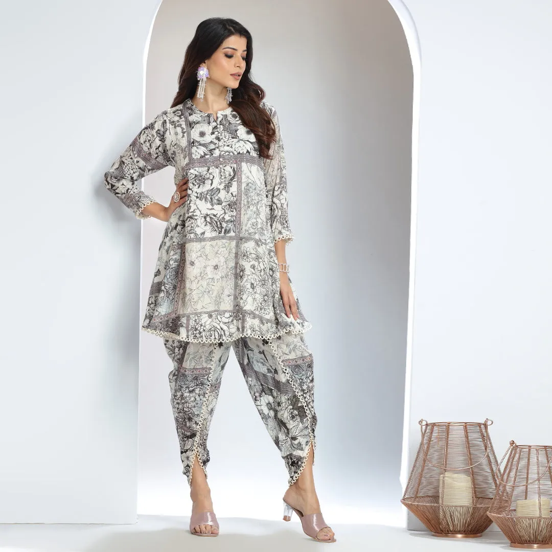 Embroidered Sequin A-Line Top and Lace-Detailed Dhoti Pants Set