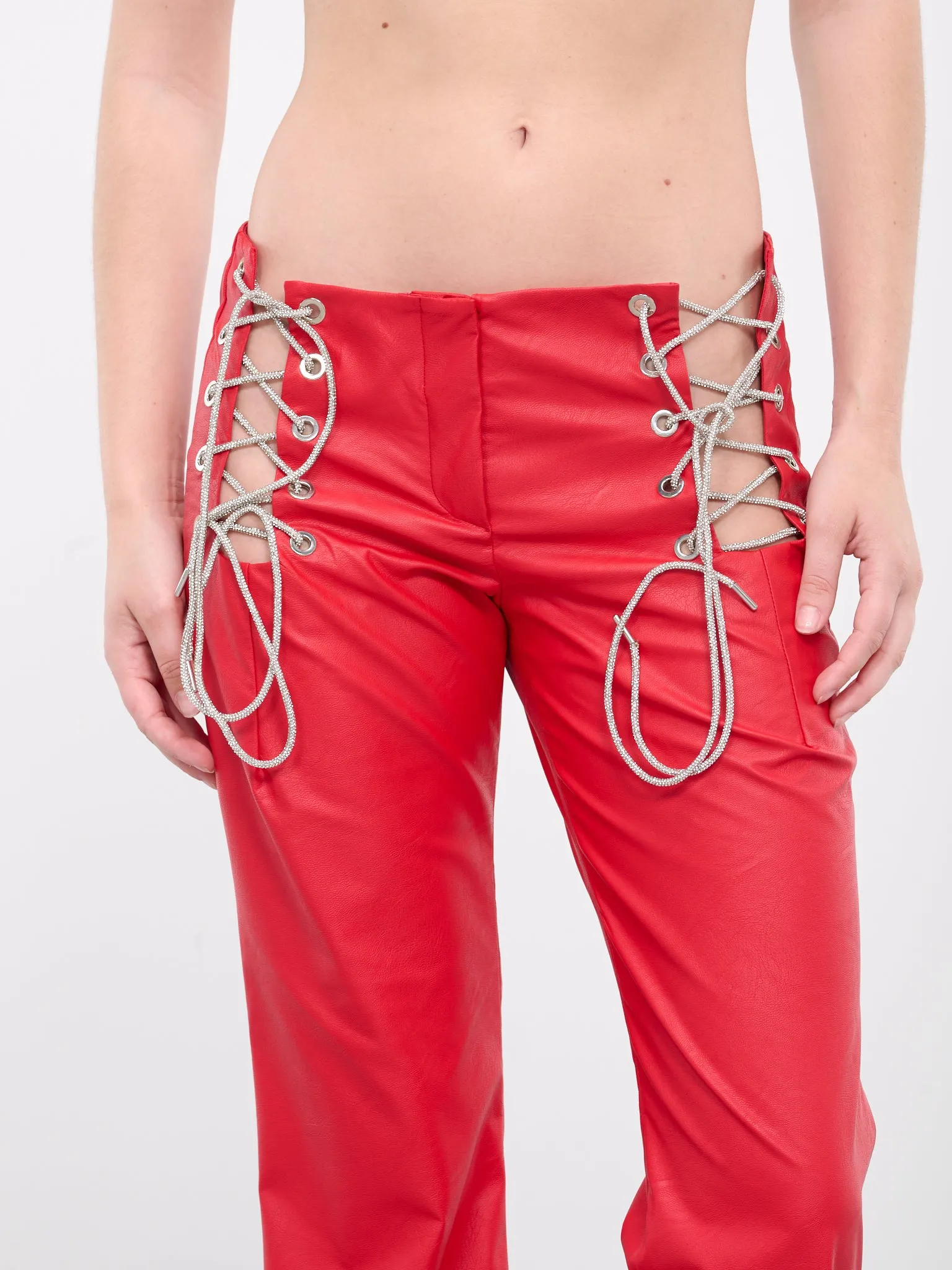 Faux Leather Lace-Up Pants (FAUX-LTHR-PANTS-SPARKLY-RED)