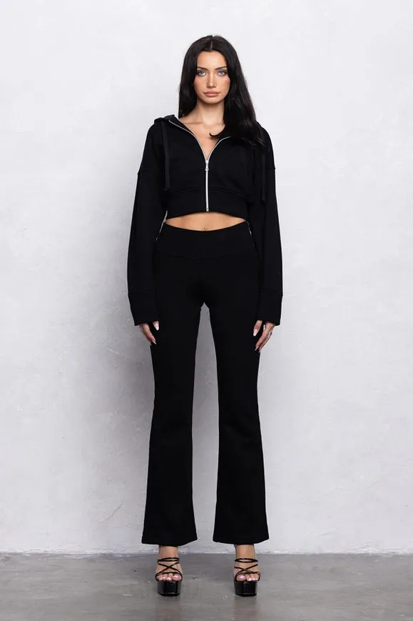 Fleece Zip-Up Cropped Hoodie W/Flare Pants Set