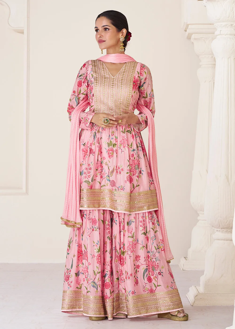 Floral Printed Pink Premium Organza Silk Gharara Style Suit