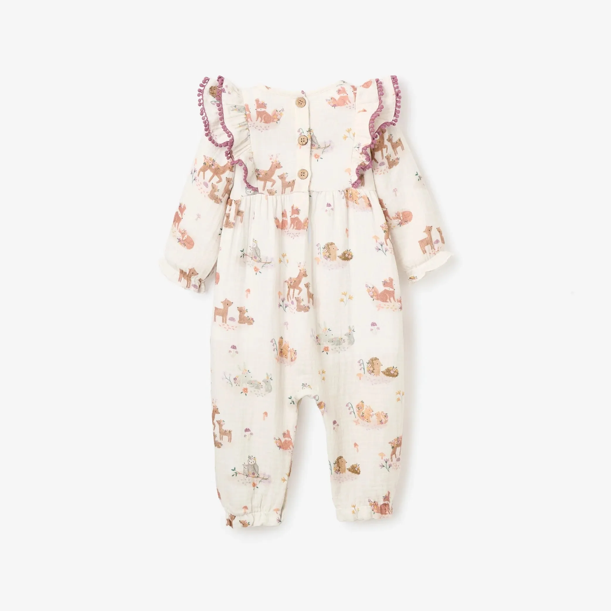 FOREST FAMILY ORGANIC MUSLIN RUFFLE JUMPSUIT