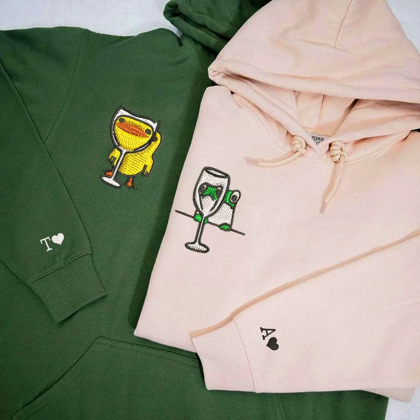 Frog and Duck Drinking Couple Matching Hoodies - Custom Embroidered Sweatshirts For Couples