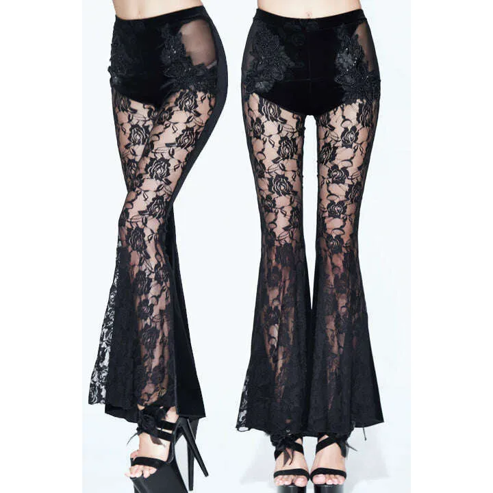 Gothic Sheer Floral Lace Black Velvet Flare Pants