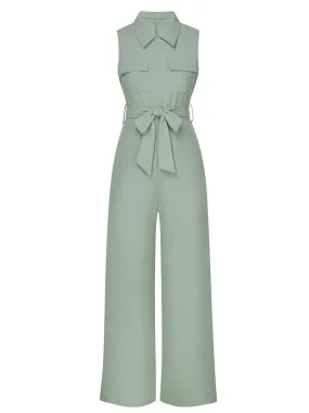 Green 1930s Shirt Collar Belted Jumpsuit