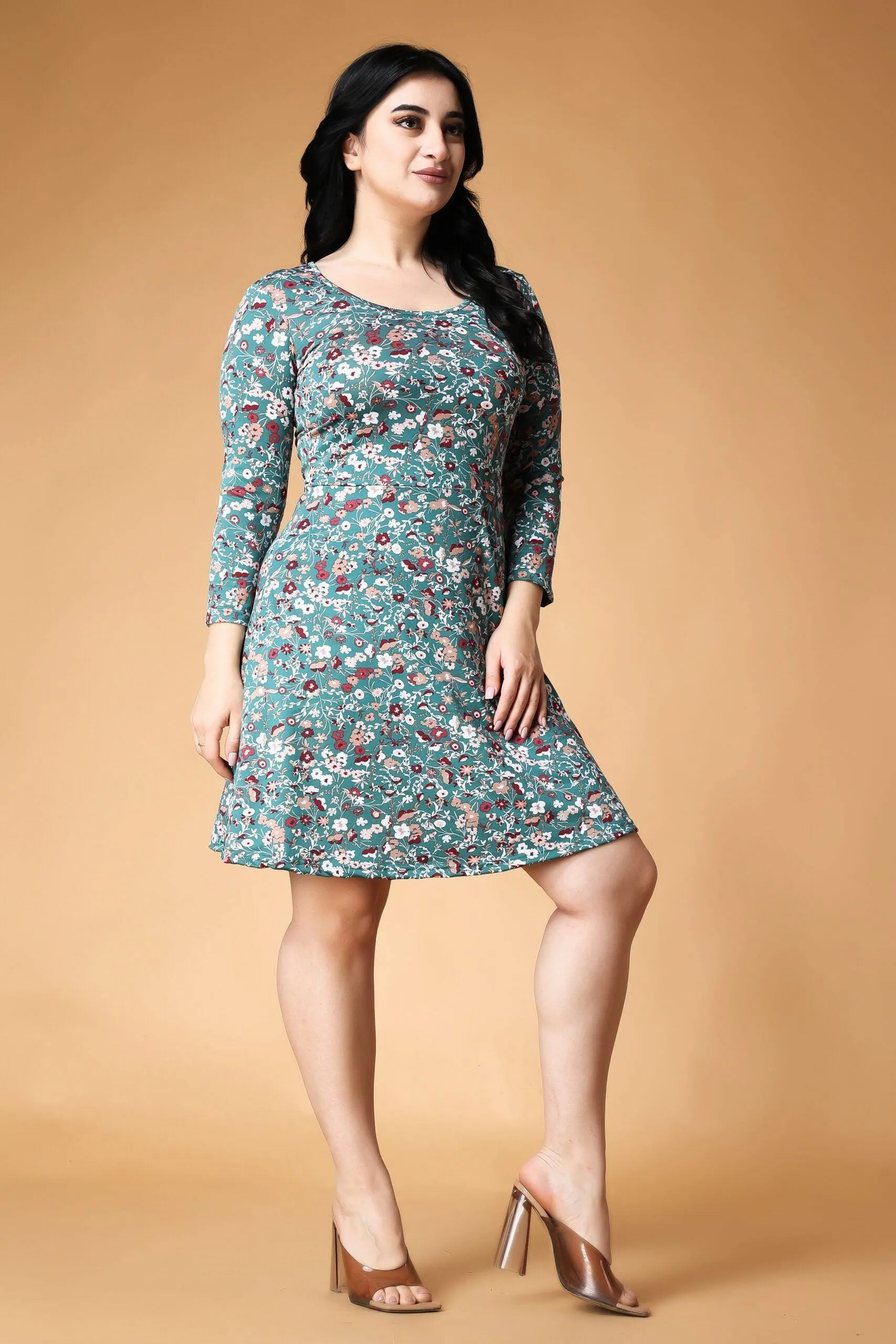 Green Floral Printed Flared Short Dress