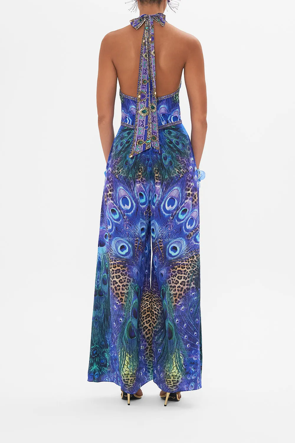 HALTERNECK JUMPSUIT WITH TIE NECK PEACOCK ROCK