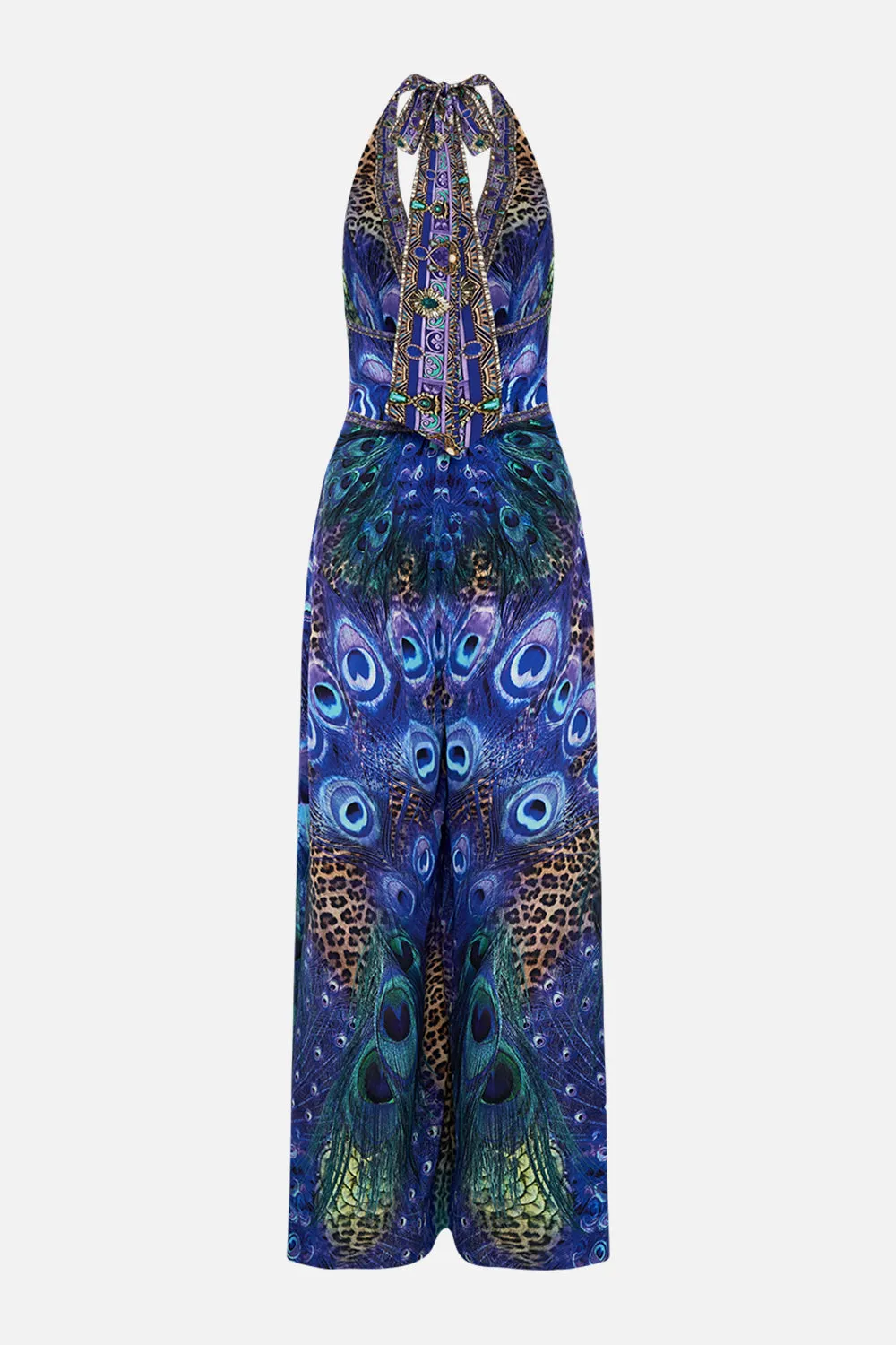 HALTERNECK JUMPSUIT WITH TIE NECK PEACOCK ROCK