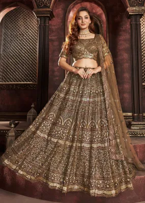 Heavy Embroidered Chocolate Brown Net Bridal Lehenga Choli