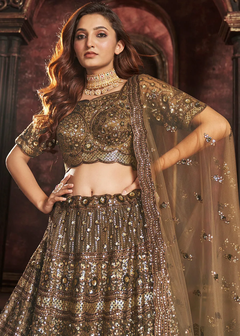 Heavy Embroidered Chocolate Brown Net Bridal Lehenga Choli