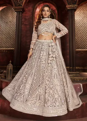 Heavy Embroidered Grey Ivory Net Bridal Lehenga Choli