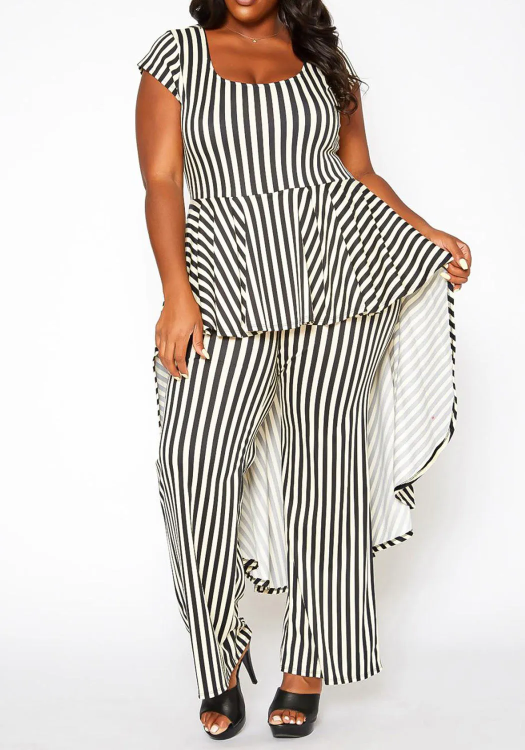 HI Curvy Plus Size Women Striped Cape Straight  Jumpsuit