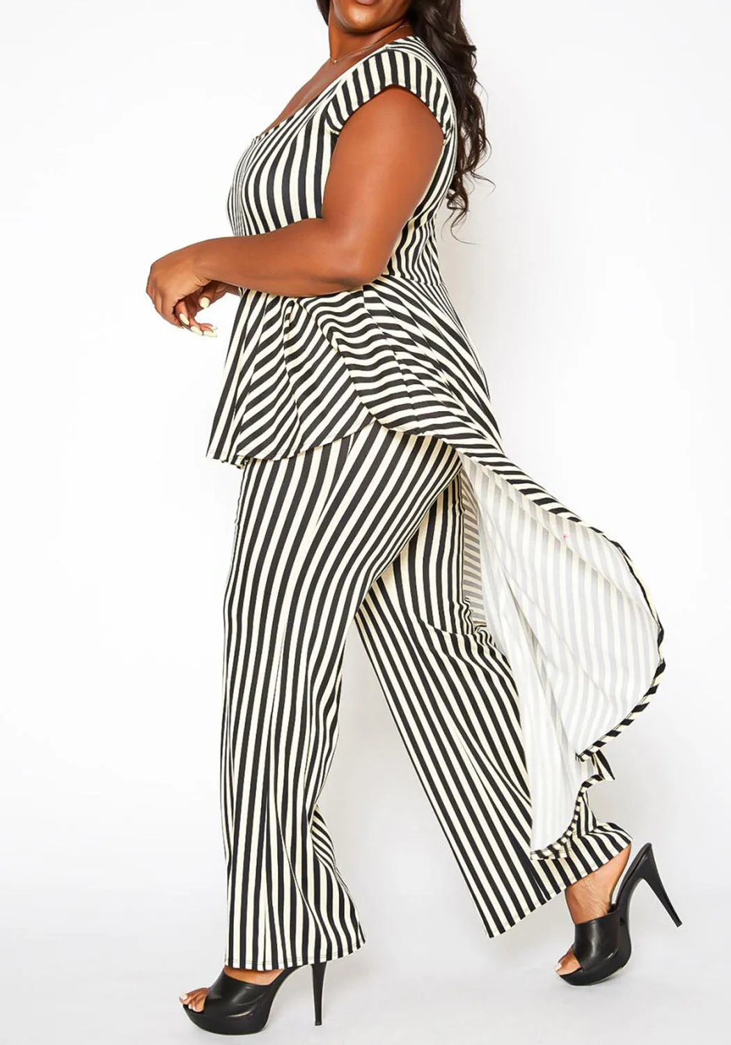 HI Curvy Plus Size Women Striped Cape Straight  Jumpsuit