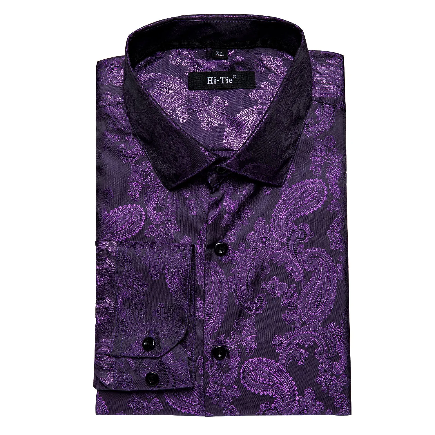 Hi-Tie Purple Top Black Purple Paisley Silk Men's Long Sleeve Shirt