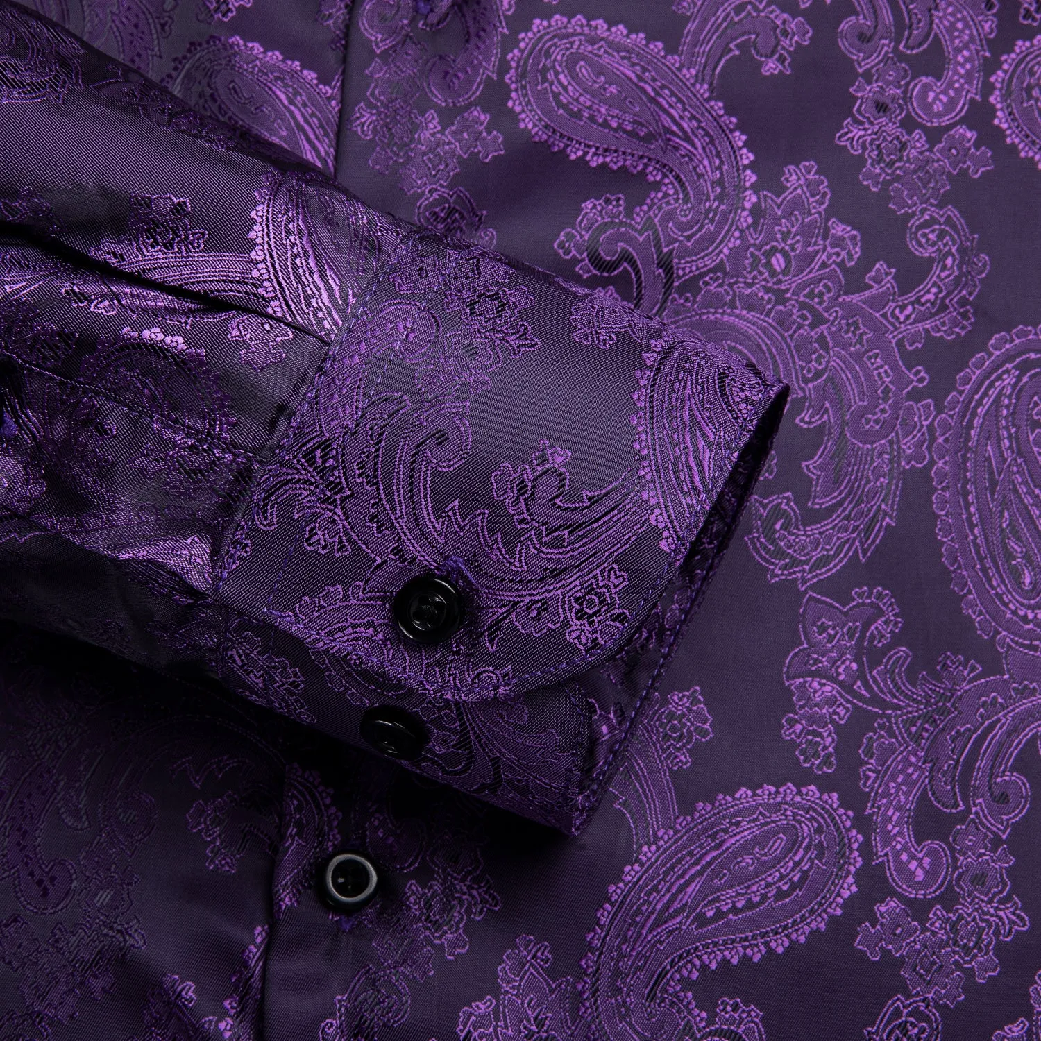 Hi-Tie Purple Top Black Purple Paisley Silk Men's Long Sleeve Shirt