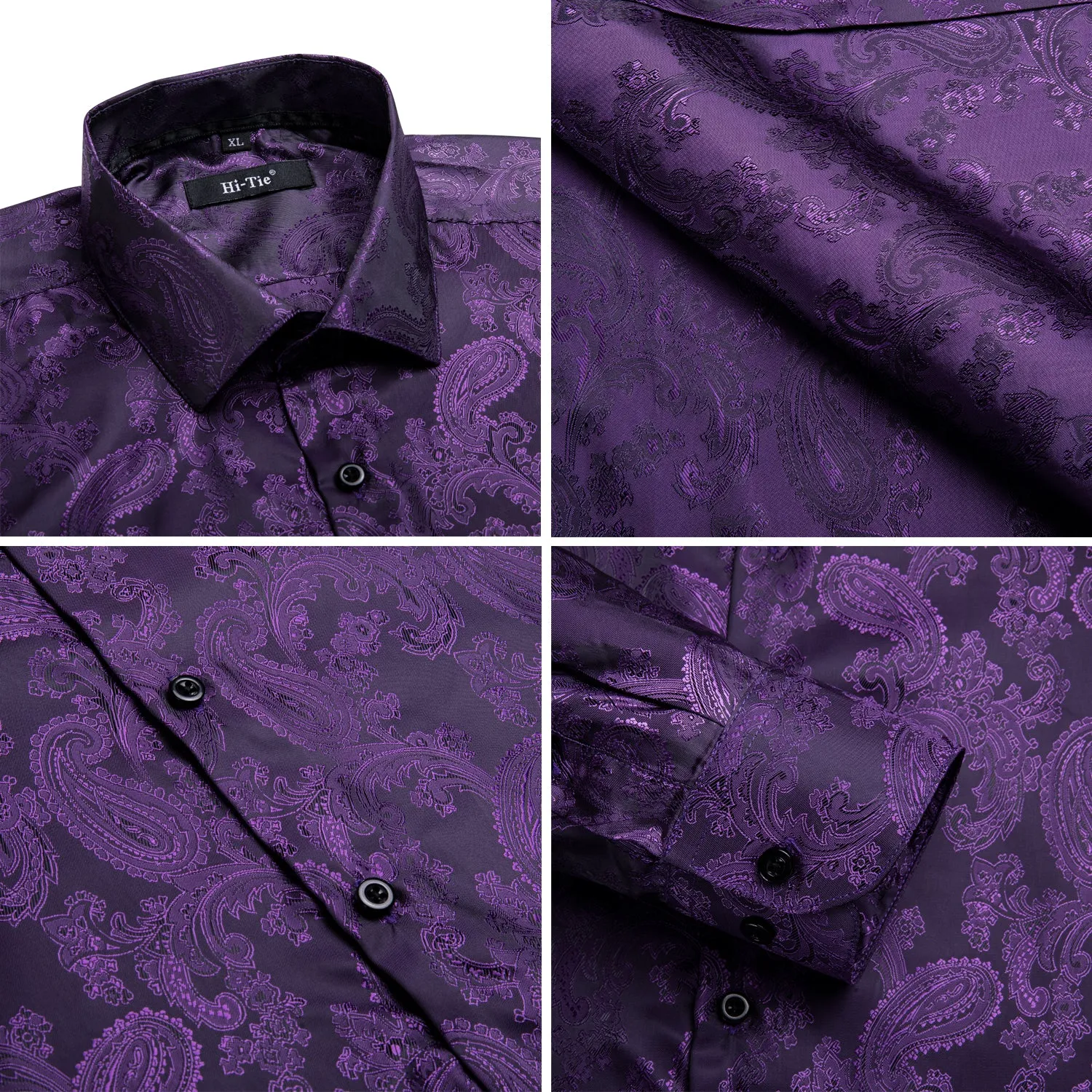 Hi-Tie Purple Top Black Purple Paisley Silk Men's Long Sleeve Shirt