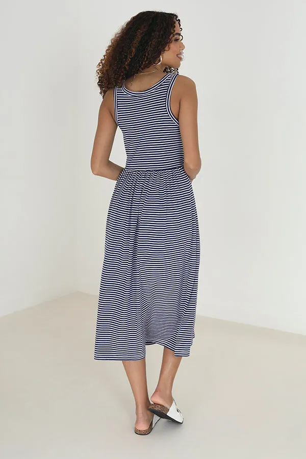 HORIZONTAL STRIPED MIDI STYLE SMOCK DRESS