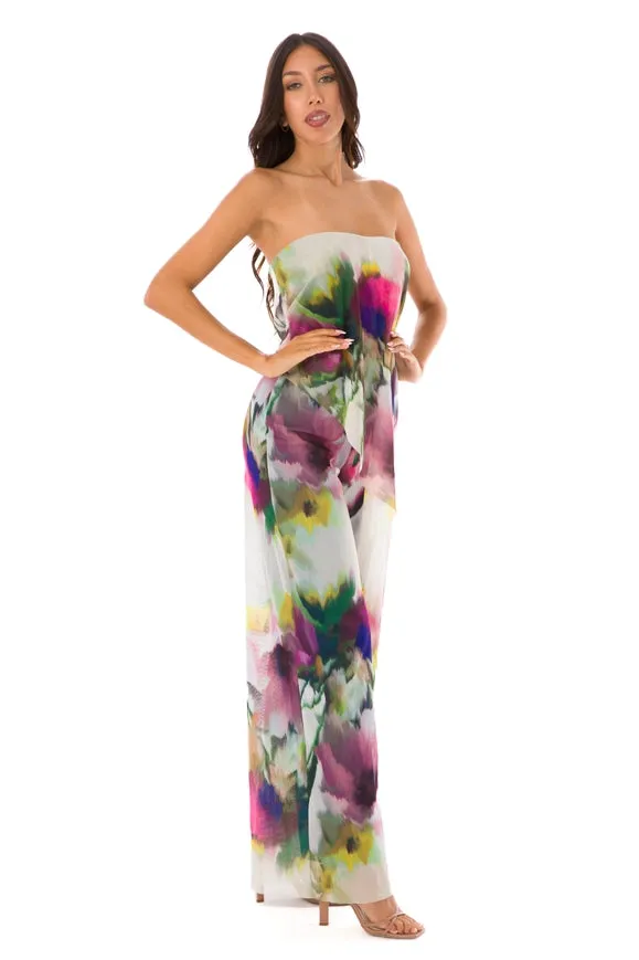 Iris Strapless Printed Jumpsuit With Overlay