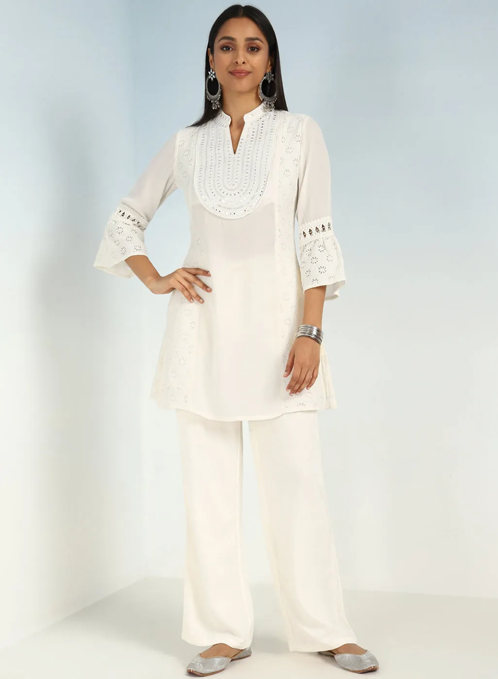 Ivory Short Tunic with Mirror Work and Bell Sleeves