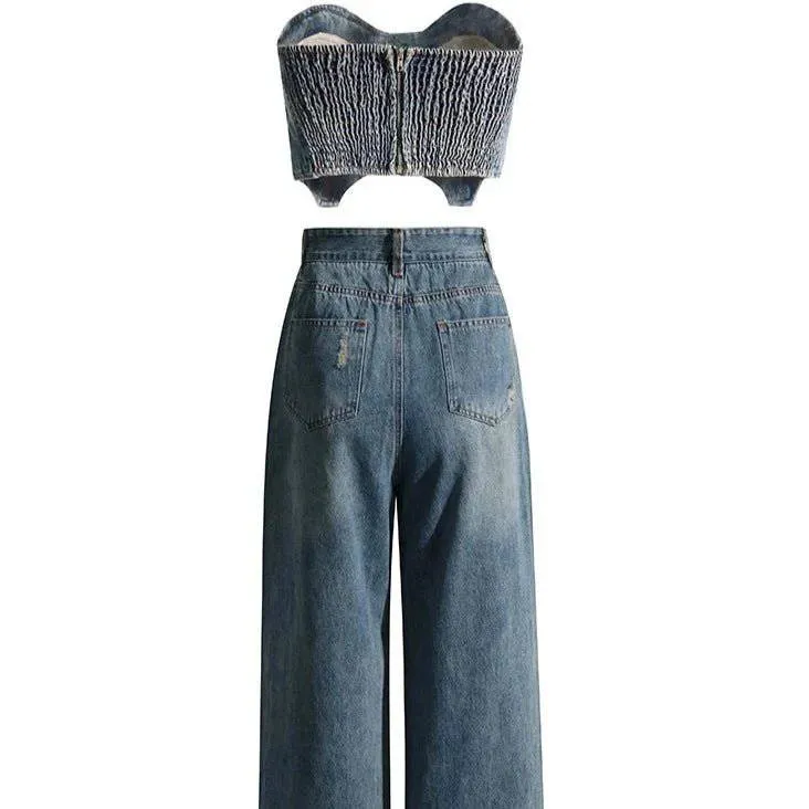 Kendall Strapless Top & Flared Denim Pants Sets