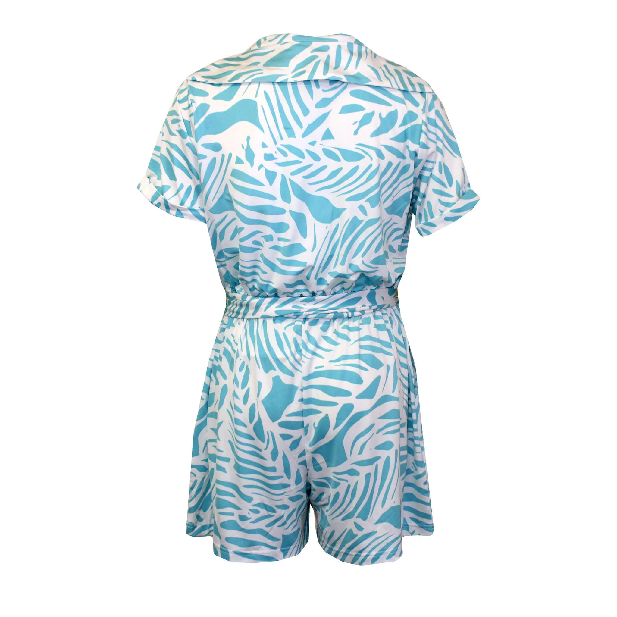 La Mer Luxe Short Sleeve Renee Romper - Caribbean Blue Tropical Leaf