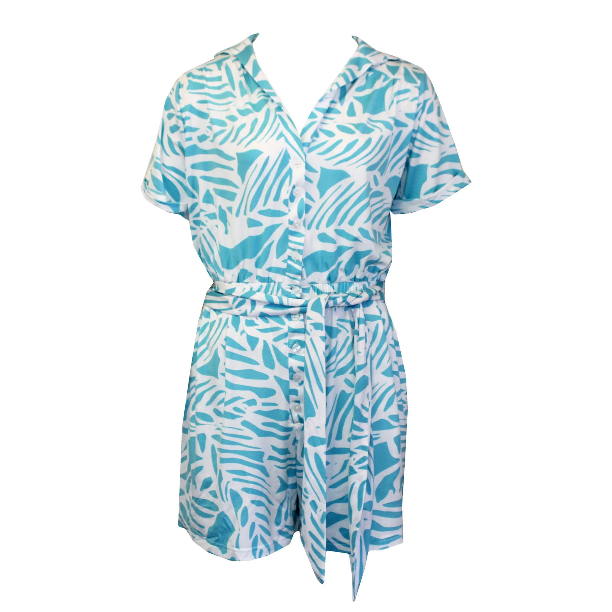 La Mer Luxe Short Sleeve Renee Romper - Caribbean Blue Tropical Leaf