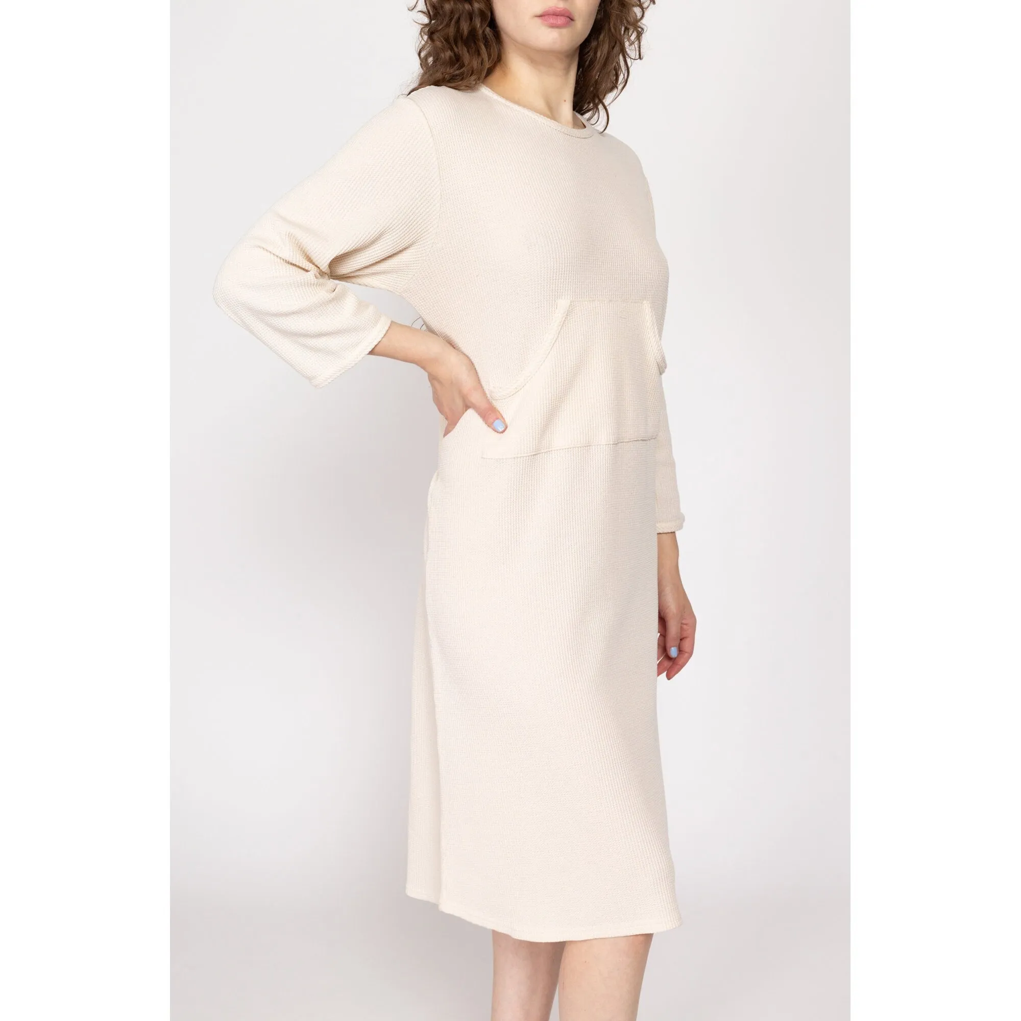 Large 90s Cream Waffle Knit Lounge Dress