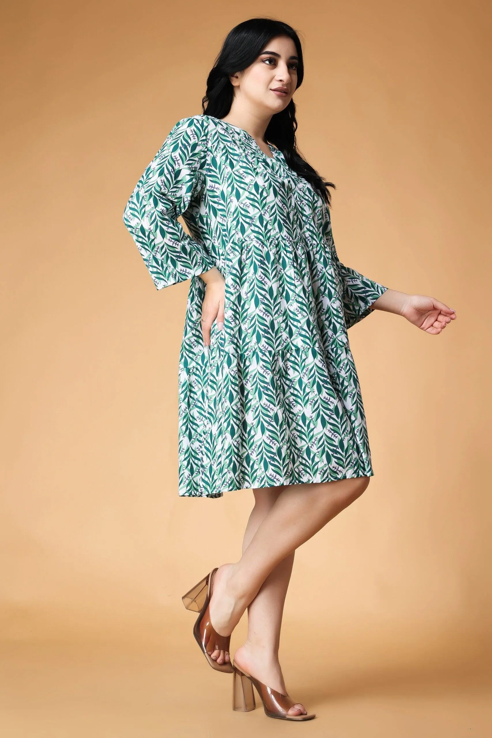 Leaves Printed Flared Dress