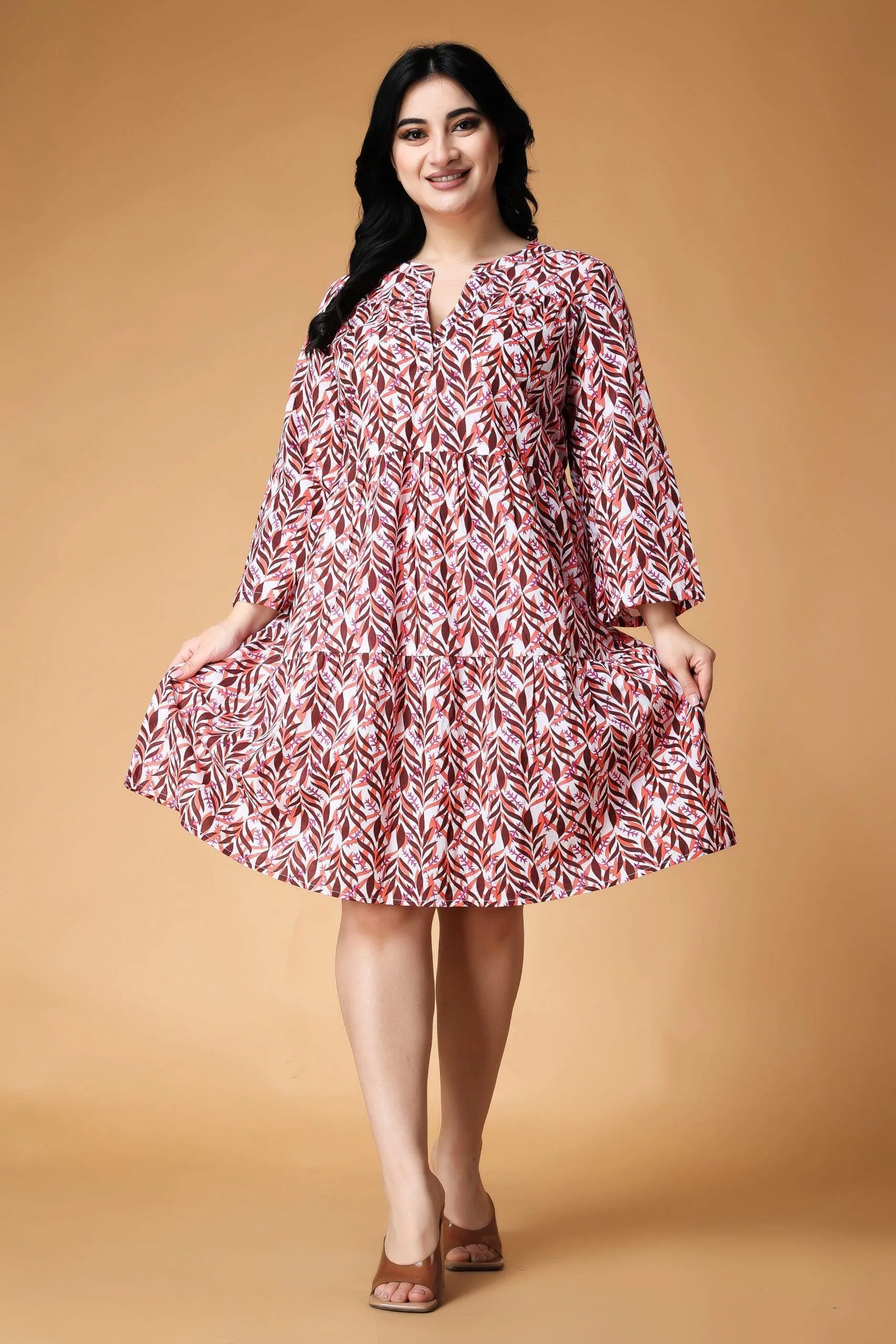 Leaves Printed Flared Dress