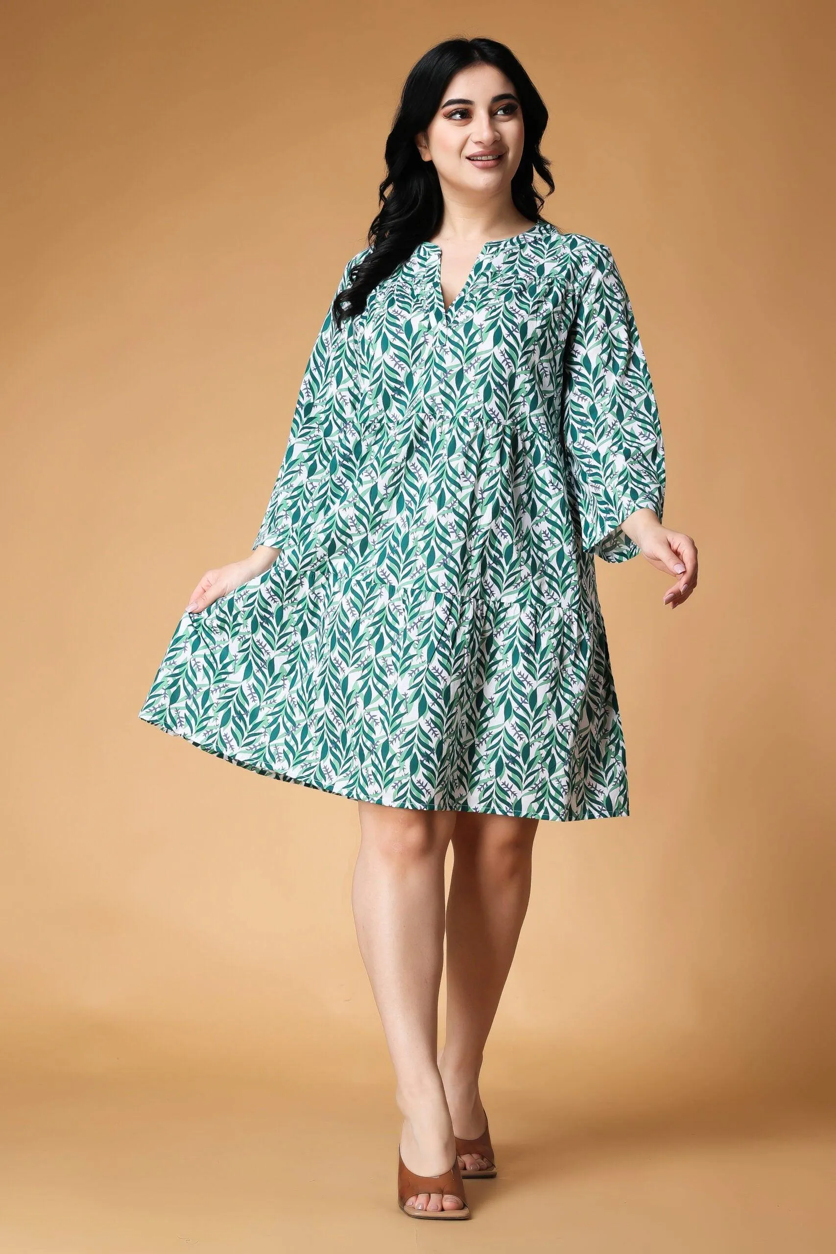 Leaves Printed Flared Dress