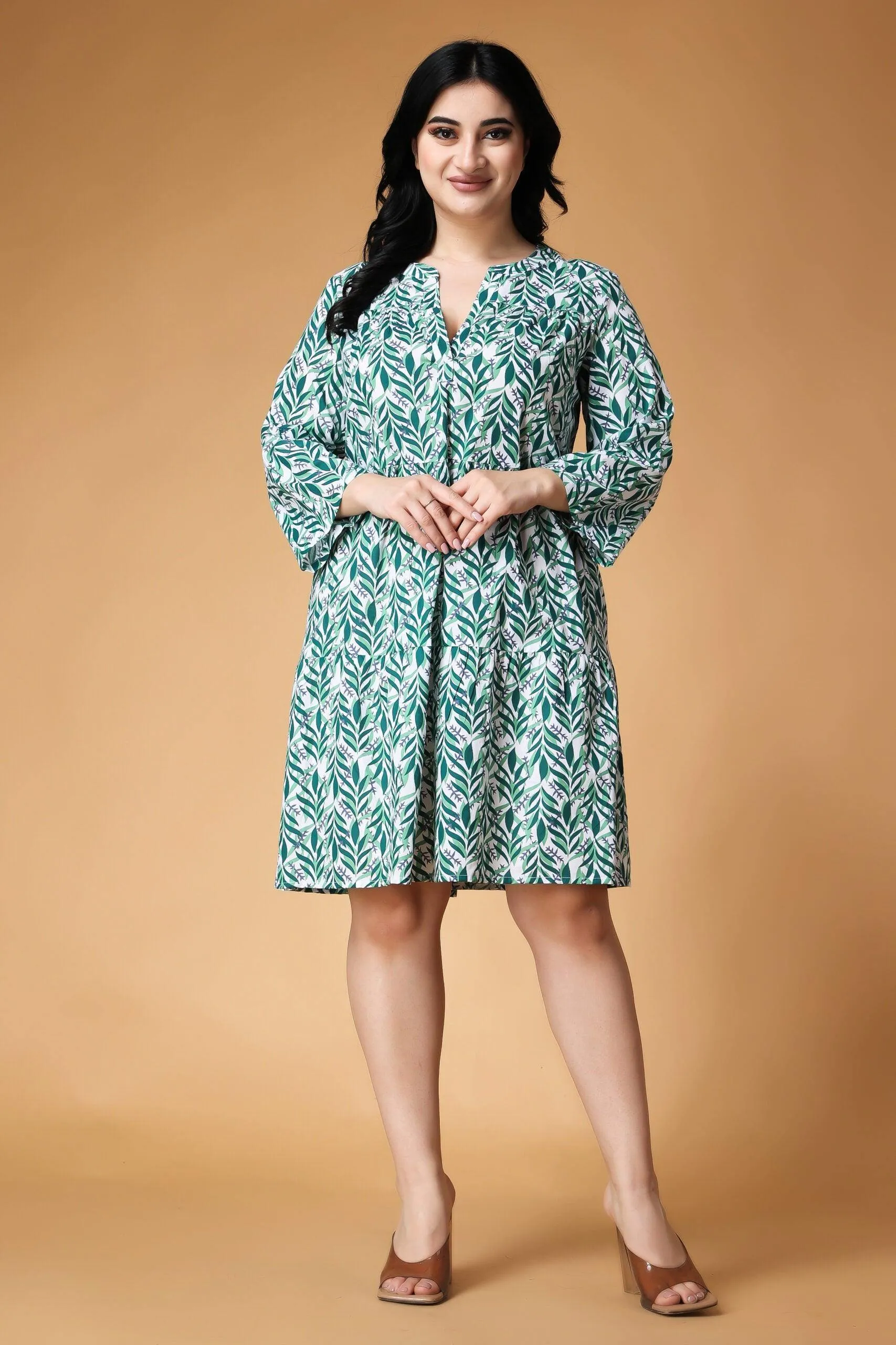 Leaves Printed Flared Dress