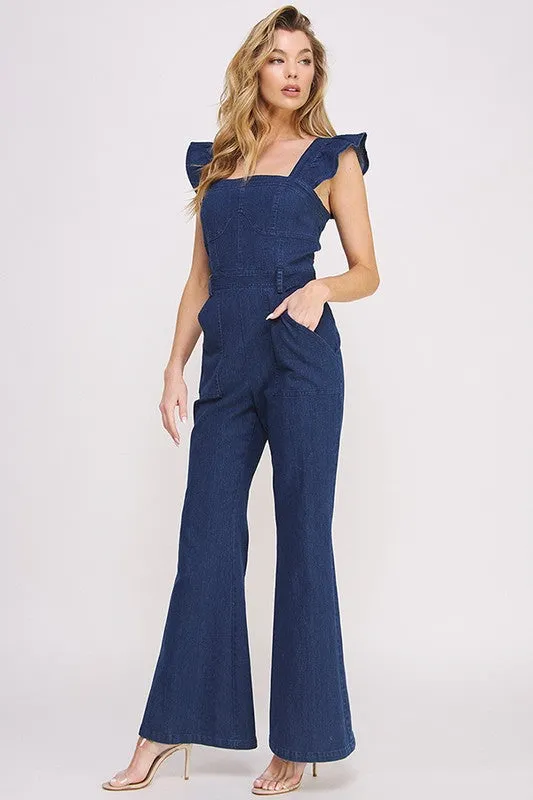 Lily Sweetheart Neck Ruffle Sleeve Denim Jumpsuit