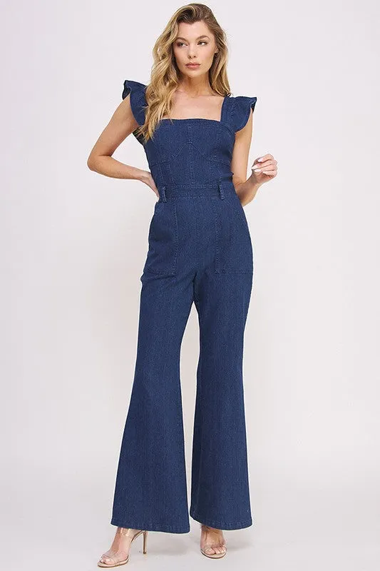 Lily Sweetheart Neck Ruffle Sleeve Denim Jumpsuit