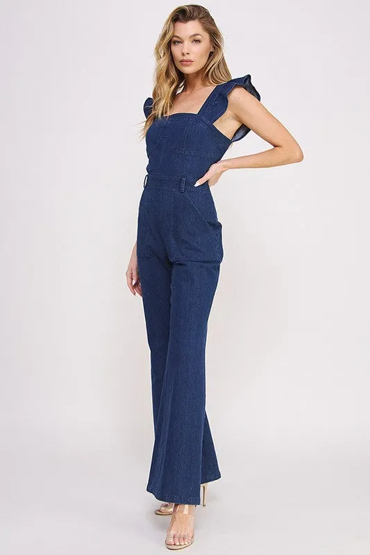 Lily Sweetheart Neck Ruffle Sleeve Denim Jumpsuit