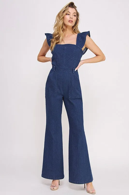 Lily Sweetheart Neck Ruffle Sleeve Denim Jumpsuit